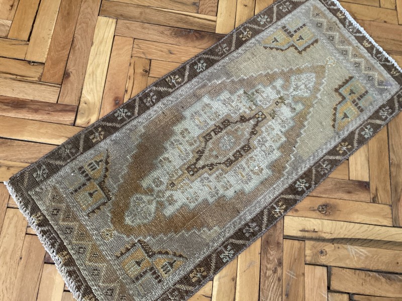 Vintage Turkish Wool Bath Rug 1.4 x 3.1 Ft Brown Handwoven Oriental Small Carpet gallery