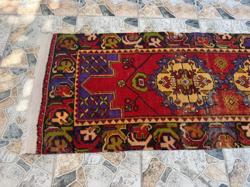 Vintage Red Turkish Runner Rug 3x10 Handknotted Tribal Anatolian Corridor Wool gallery