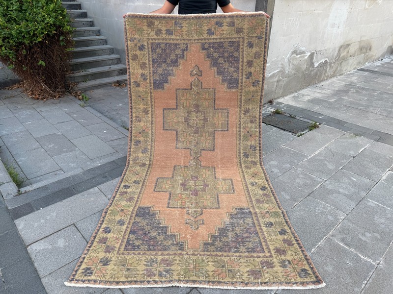 Handmade Oushak Rug 4.5x8.6 Ft Peach Blue Vintage Turkish Wool Area Carpet gallery