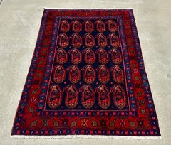 Vintage Hamadan Rug Bold Repeating Gul Medallions Dark Navy Field, 3’9″x 5’6″