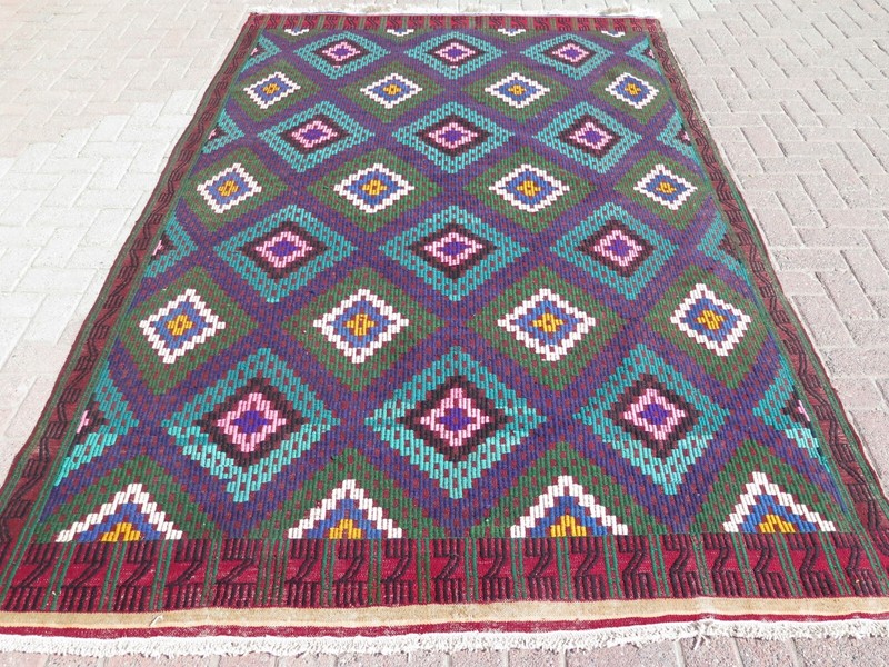 Violet & Olive Turkish Vintage Embroidery Rug Wool Kilim Carpet 72"x113" gallery