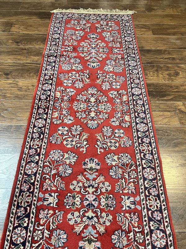Runner Rug 2.7 x 16 Vintage Sarouk Hallway Carpet Wool Handmade Red Black Floral gallery