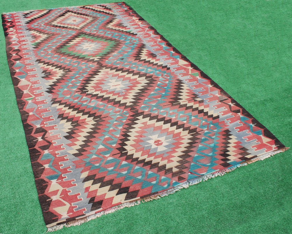 Turkish Kilim Rug 73''x138'' Hand Woven Antalya Kilim 186x353cm Oriental Rug