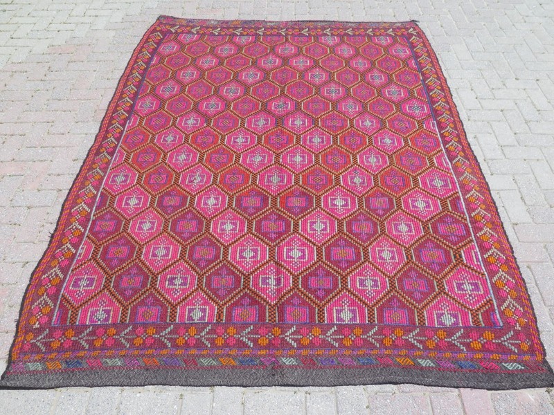 Turkish Kilim, Embroidery Wool Large Rug, Pink Color Handmade Carpet 75"x108" gallery