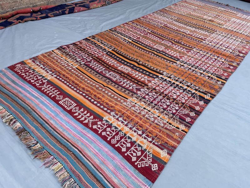 Vintage Afghan Baluchi Kilim Rug 4'2 x 10'10 ft Tribal Wool Geometric Runner gallery