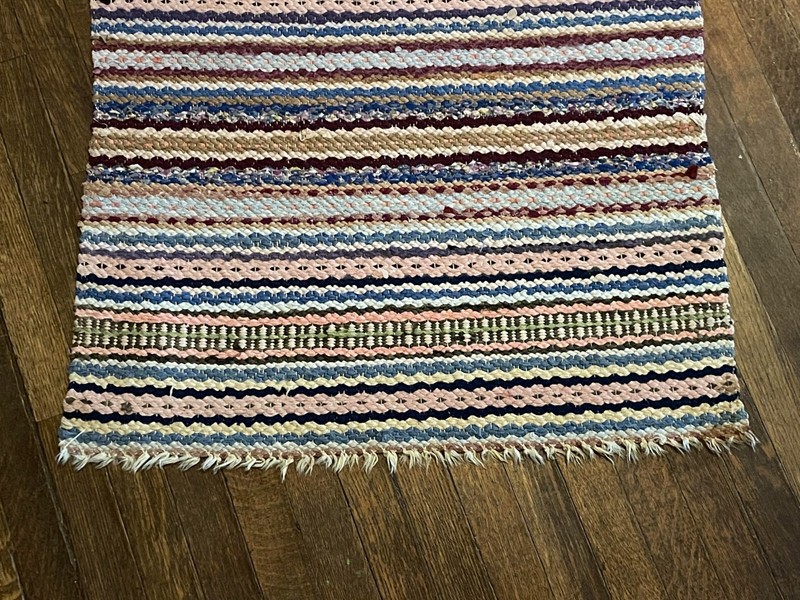 Colorful Antique Swedish Hand Made Rag Rug (25x108 inches) 1930s gallery