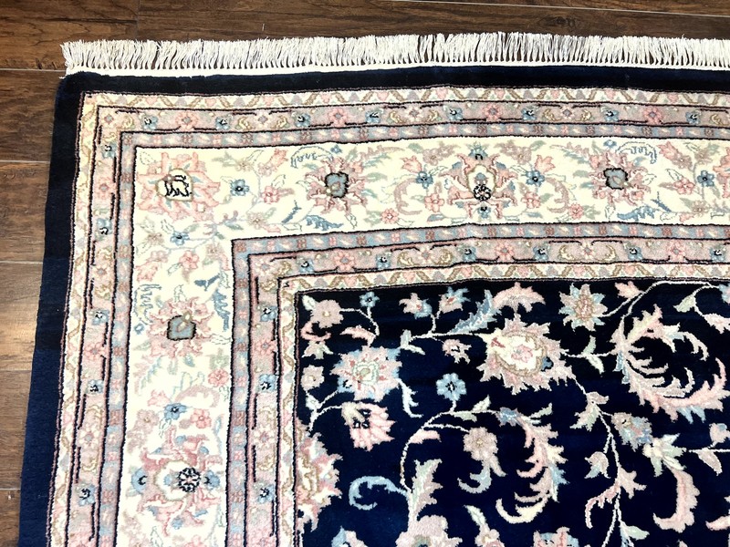 Indo Per'sian Rug 9x12 Navy Blue Ivory Floral Vintage Wool Carpet Handmade gallery
