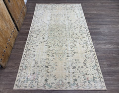 4×8 Beige Green Neutral Vintage Turkish Area Rug, Hand-Knotted Wool Bedroom Rug