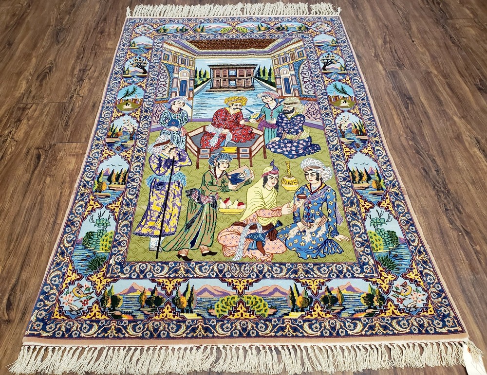 Semi Antique Pictorial Rug Wool Silk Foundation Handmade Oriental Carpet 3x5 Wow