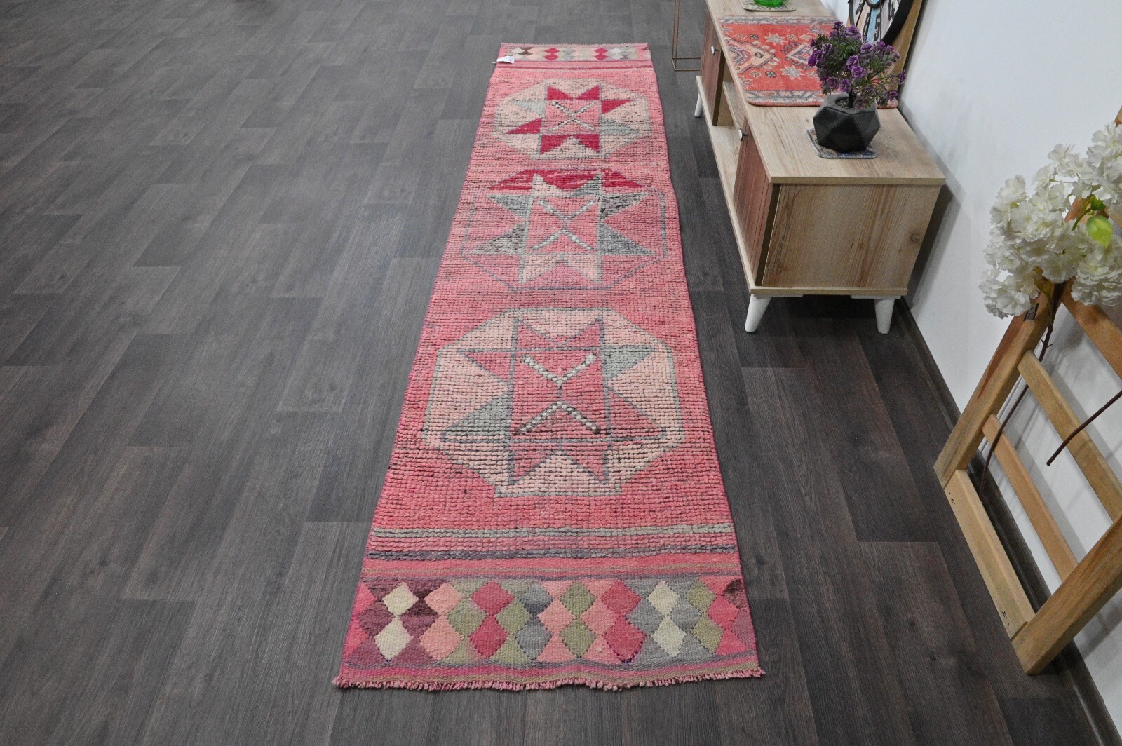 Vintage Turkish Runner Rug 2x10ft PINK Handmade Anatolian Oushak Hallway Wool gallery