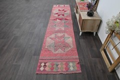 Vintage Turkish Runner Rug 2x10ft PINK Handmade Anatolian Oushak Hallway Wool
