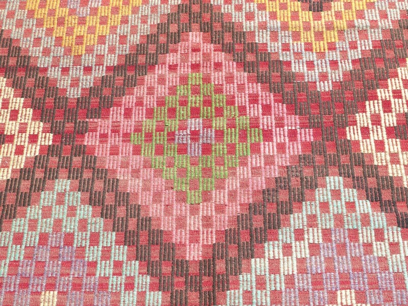 Large Multicolor Diamonds Turkish Rug, Vintage Handwoven Carpet Kelim 73"x115" gallery