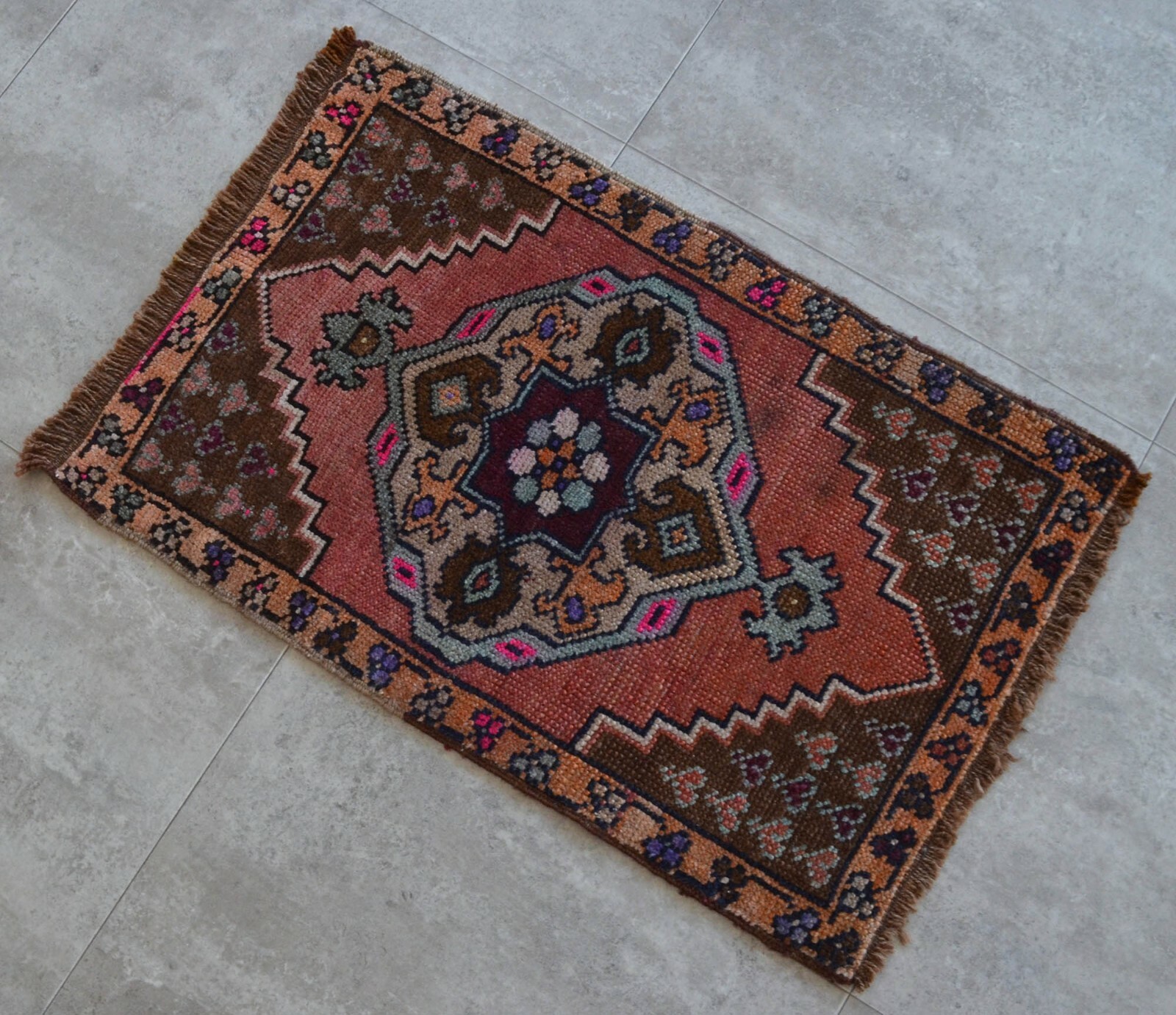 Vintage Distressed Small Area Rug Hand Knotted Oushak Rugs Yastik -1'7" x 2'5" gallery
