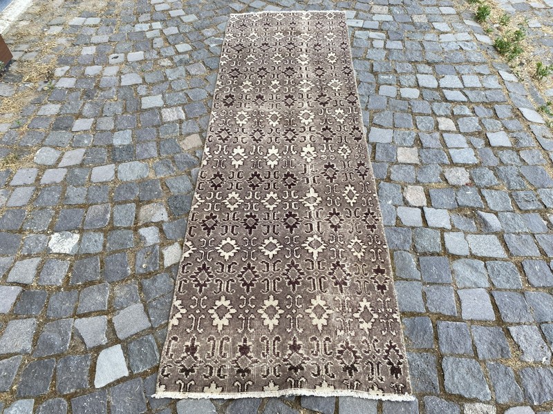 Vintage Oushak Runner Rug, Hand-Knotted Wool, Brown Taupe Neutral Hallway Runner gallery