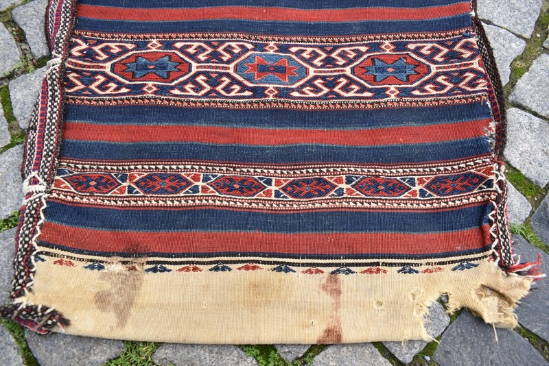 Antique Turkish Chuval Rug 25'' x 43'' Collector's Item Soumak Chuval Bag Rug gallery