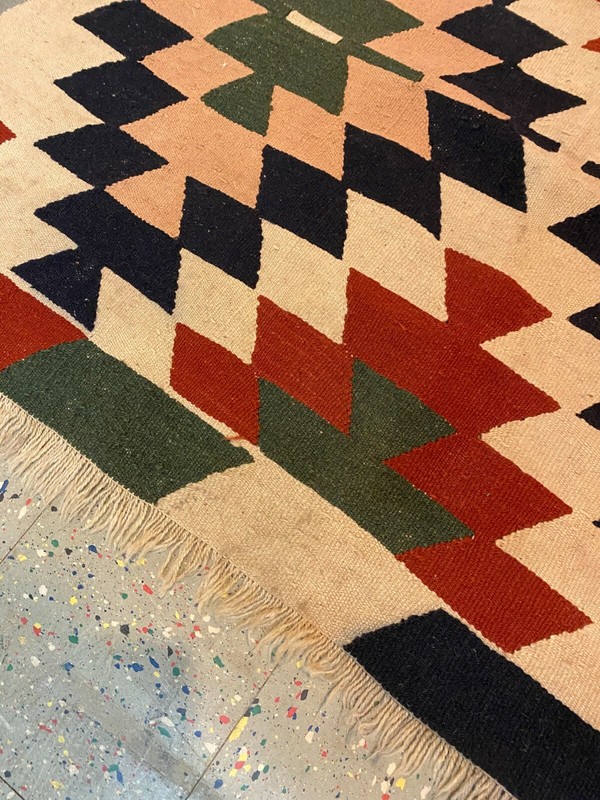 Vintage Antique Wool Handwoven Flat Weave Turkish Aztec Fringed Area Rug 7'x9' gallery