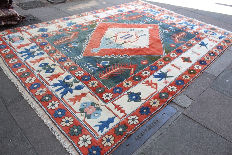 Vintage Traditional Hand Made Turkish Oushak Oriental Wool Green Carpet 345x253 gallery