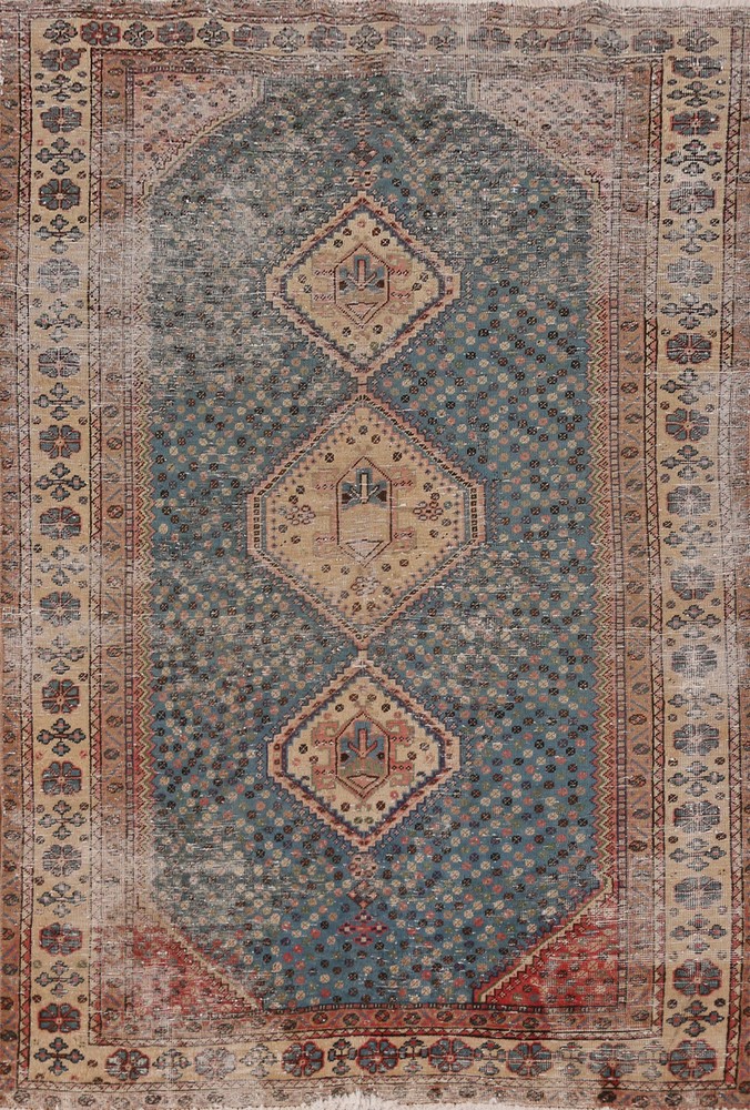 Blue Vegetable Dye Antique Geometric Tribal Traditional Hand-made Rug 4x7 Carpet