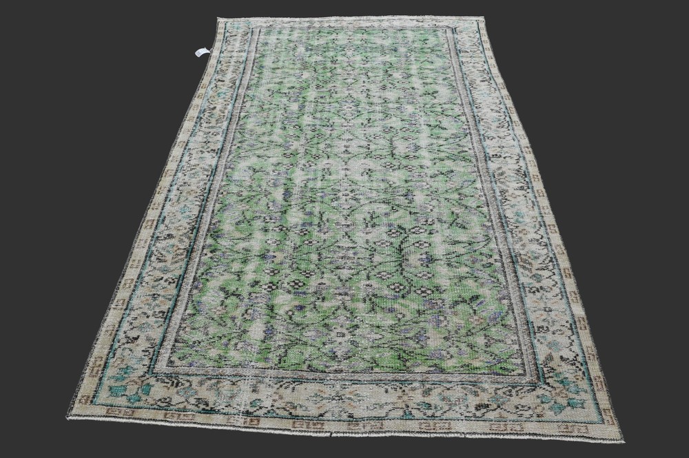 Vintage Turkish Oushak Rug, Green 5x8 ft, Handmade Wool, Bohemian Anatolian