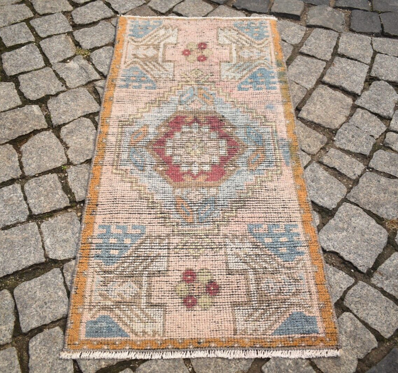 Turkish Rug 18'' x 37'' Vintage Anatolian Hand Knotted Oushak Rug Muted Dye Rug gallery