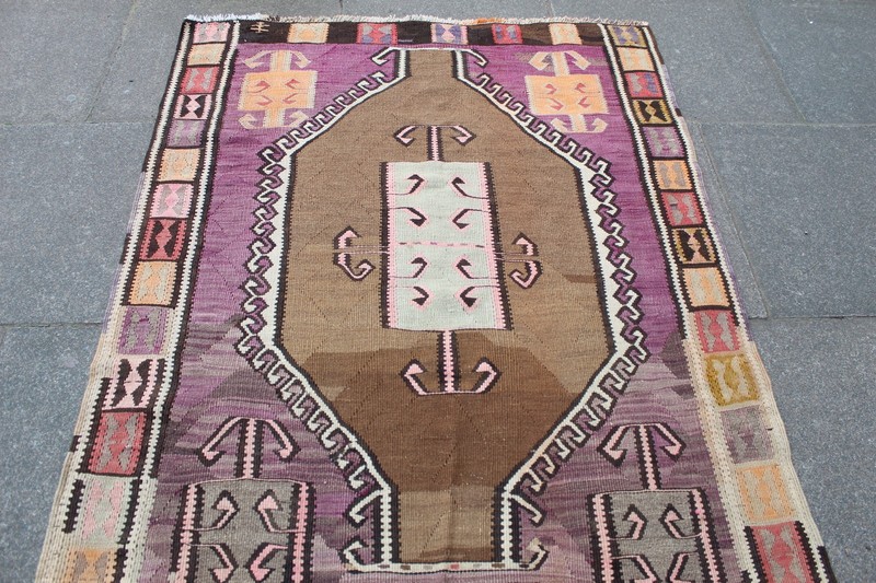 Vintage Traditional Hand Made Oriental Wool Purple Pink Long Kilim 398x117cm gallery
