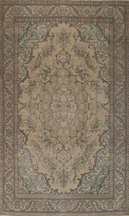Distressed Area Rug 8×12 Ft Hand-Knotted Vintage Wool Carpet Geometric Beige Rug
