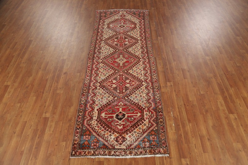 Vintage Tribal Traditional Handmade Geometric Runner Ivory/ Red Wool Carpet 3x10 gallery