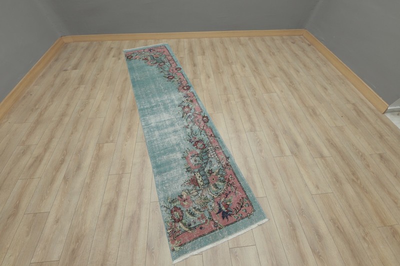 Turquoise Runner Rug Anatolian Oriental Handmade Vintage Floral Carpet 2x10 ft gallery