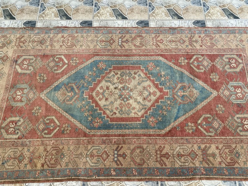 1970s Geometric Turkish Vintage Area, Tribal Handmade Anatolian Rug 3.3x7.5 ft gallery