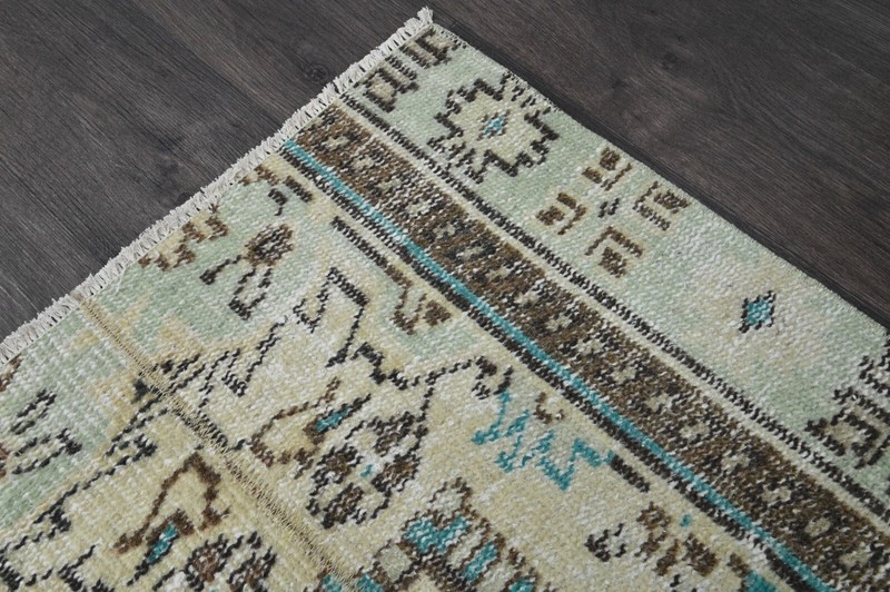 Vintage Turkish Runner Rug 2x7ft BEIGE Handmade Anatolian Oushak Hallway Wool gallery