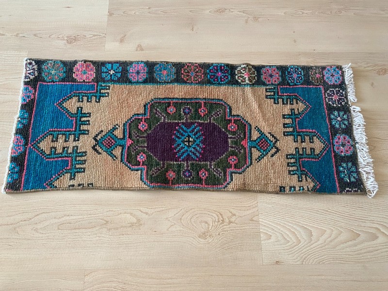 Colorful Tribal Vintage Turkish Small Rug 1.2 x 2.9 ft Handmade Wool Carpet gallery