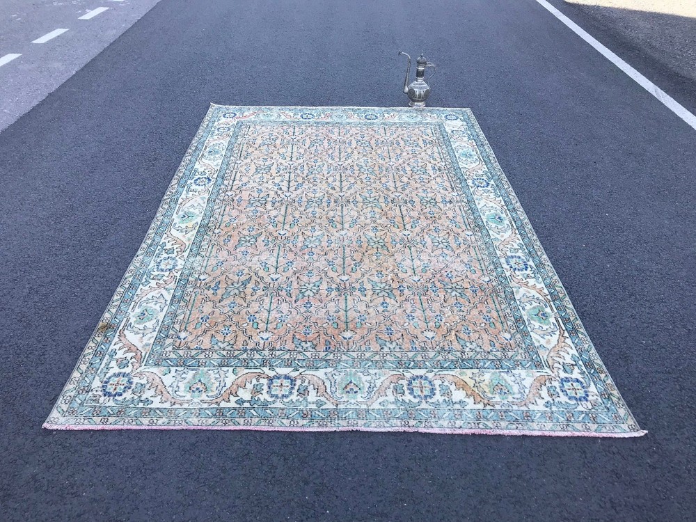 6.4x9.6 Large Vintage Orange Turkish Wool Rug , Orange Livingroom Rug, 7x10 Rug