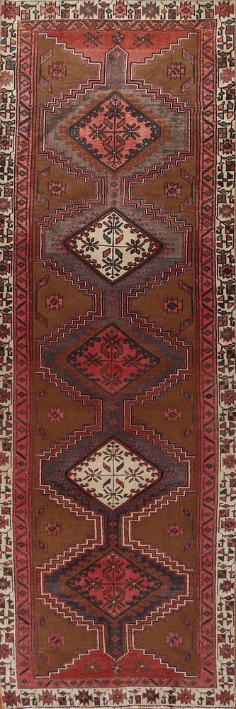 Brown Geometric 11 ft Runner Rug 3x11 Tribal Wool Hand-knotted Nomadic Carpet