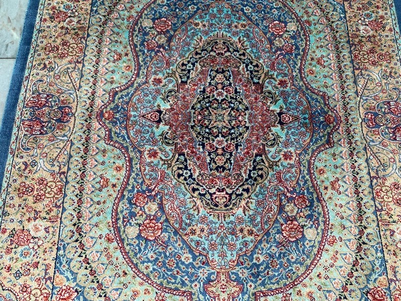 100% Silk Rug Mughal Art Pictorial Silk Rug Handmade Fringes and Borders 2x3 ft gallery
