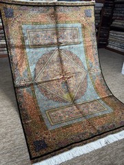 Luxury Bamboo Silk Pers,ian Rug 1.50×2.25m Turquoise Medallion Floral Carpet