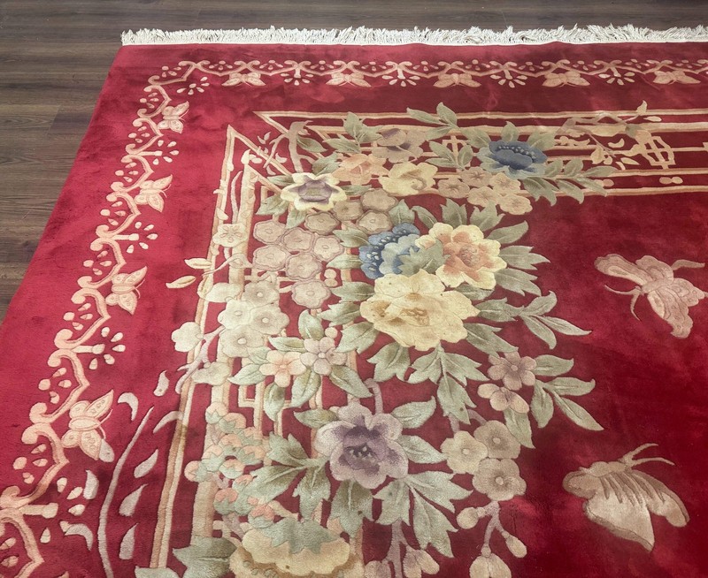 Palace Size Chinese Wool Rug 12x18 Red Art Deco Chinese Carving Carpet Butterfly gallery