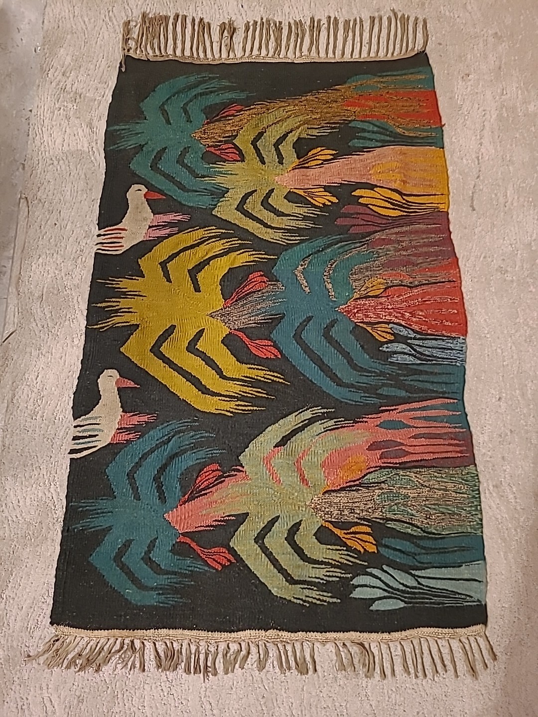 Antique Hand Made Mongolian Crane Beautiful Kilim Vintage Rug 49inx30in gallery