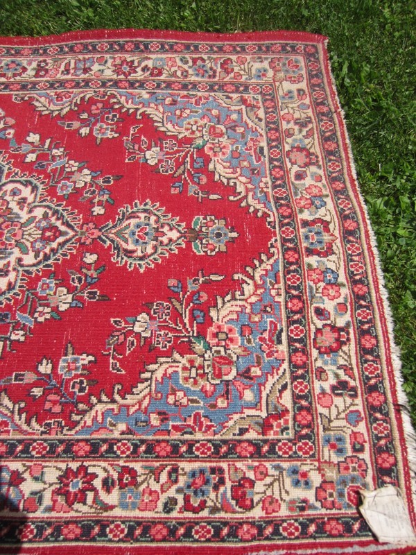 Antique Oriental Wool Hand Woven Rug~Red/Sky/Pink/Navy/Turquoise Green ~5'+x3'+ gallery