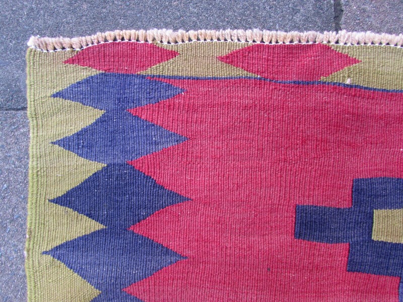 Vintage Traditional Hand Made Oriental Wool Green Red Long Kilim 291x113cm gallery