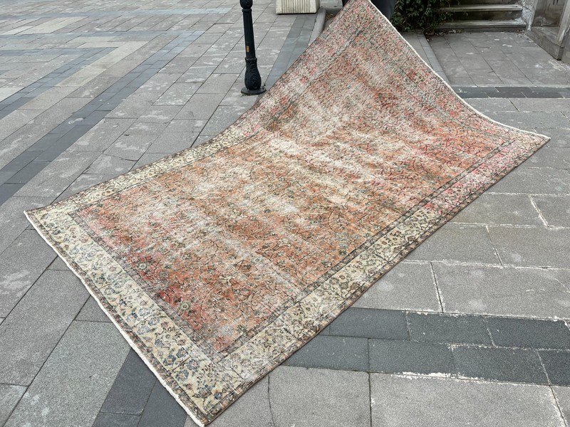 Vintage Turkish Oushak Rug 5.8x9.3 ft Distressed Beige Terracotta Wool gallery