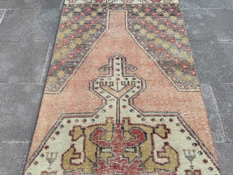 Vintage Turkish Oushak Runner Rug 2.7x9.5 ft Pink Sage Hallway Area Rug gallery