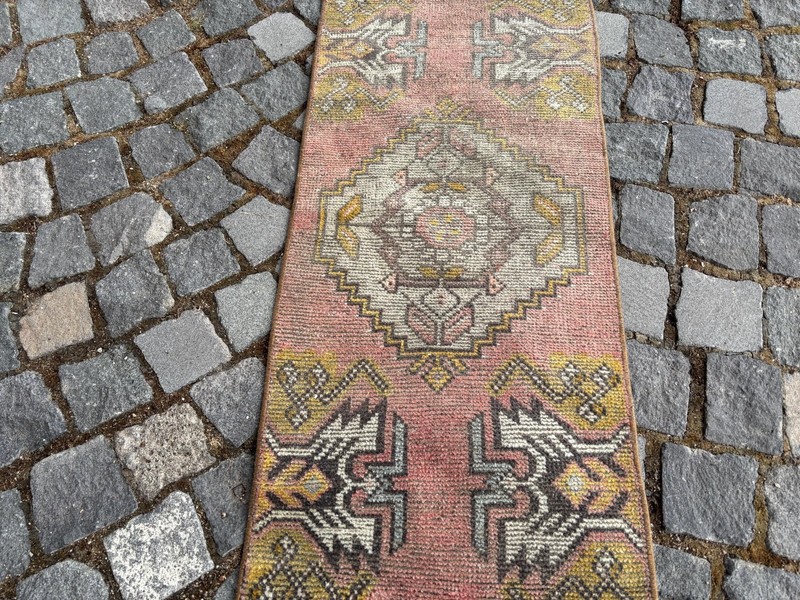 Small Handknotted Turkish Wool Rug: Vintage Bohemian Accent Mat 1,4 x 3,1 ft gallery