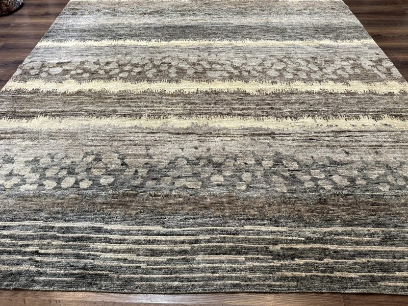 Modern Tibetan Wool Rug 8x10, Abstract, Contemporary, Handmade, Gray, Stripes gallery