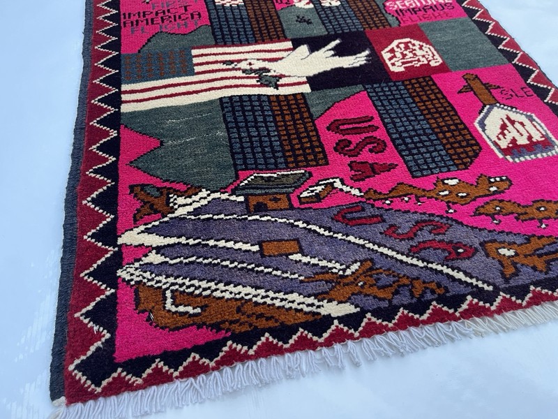 77x60cm Handmade rug 9/11 twin towers War Rug Afghan War Rug Handicrafts #316 gallery