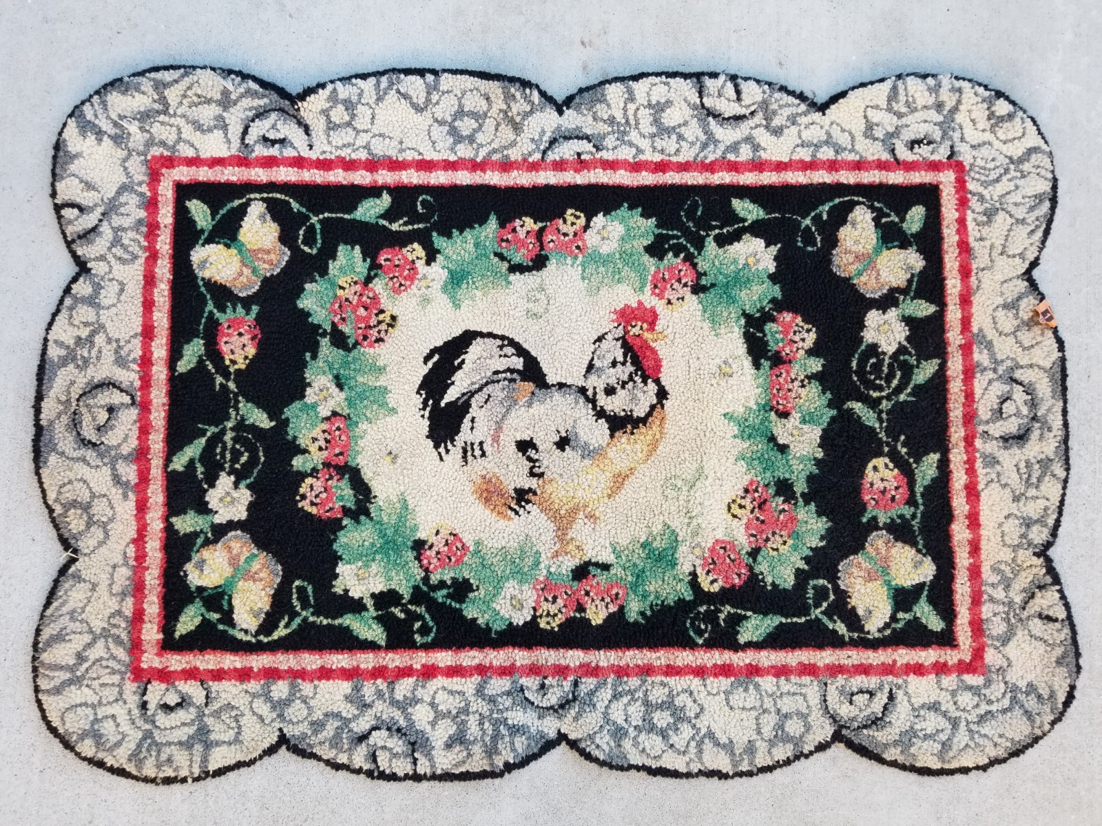 Vintage Hand Hooked Wool Scallop French Country Red Black Rooster Rug 24" x 35" gallery