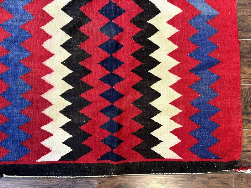 Antique Navajo Rug 3.7 x 2.8, Red Ivory Blue, Zig Zag Pattern, Handmade, Wool gallery
