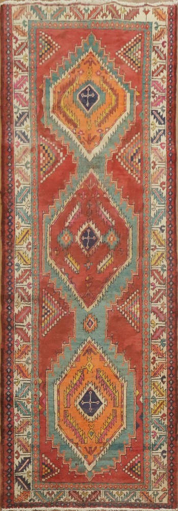 Vintage 9 ft Runner Rug 3x9 Geometric Wool Hand-made Traditional Tribal Carpet