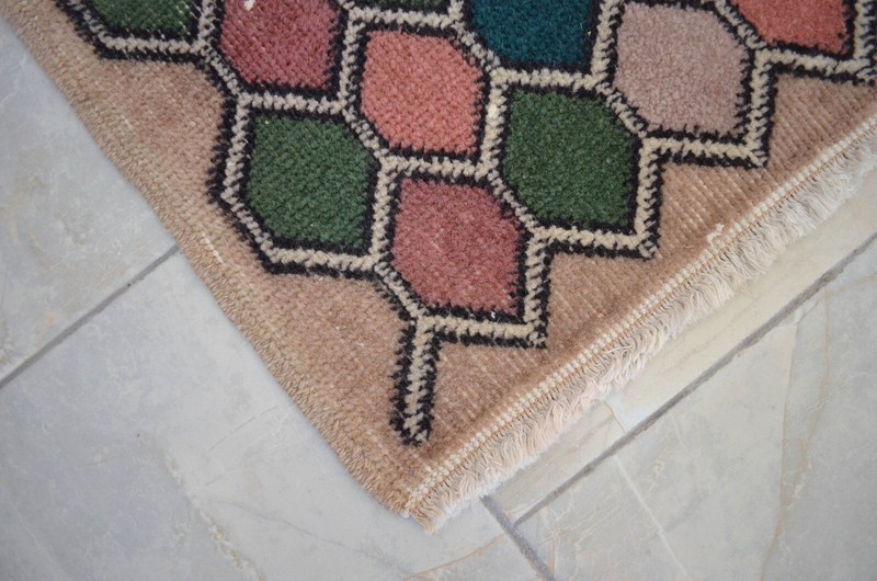 Vintage Distressed Small Area Rug Hand Knotted Oushak Rug Honeycomb 1'6" x 2'5" gallery