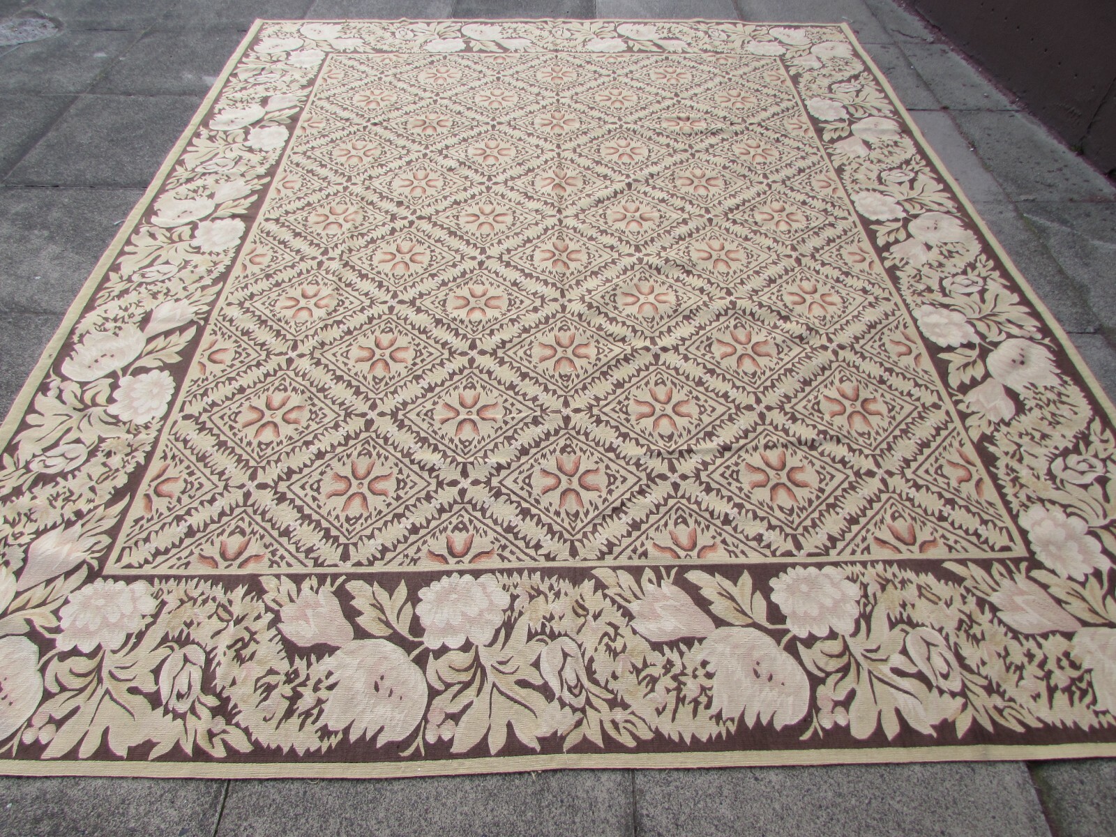 Vintage Hand Made French Design Wool Beige Black Original Aubusson 300X243cm gallery
