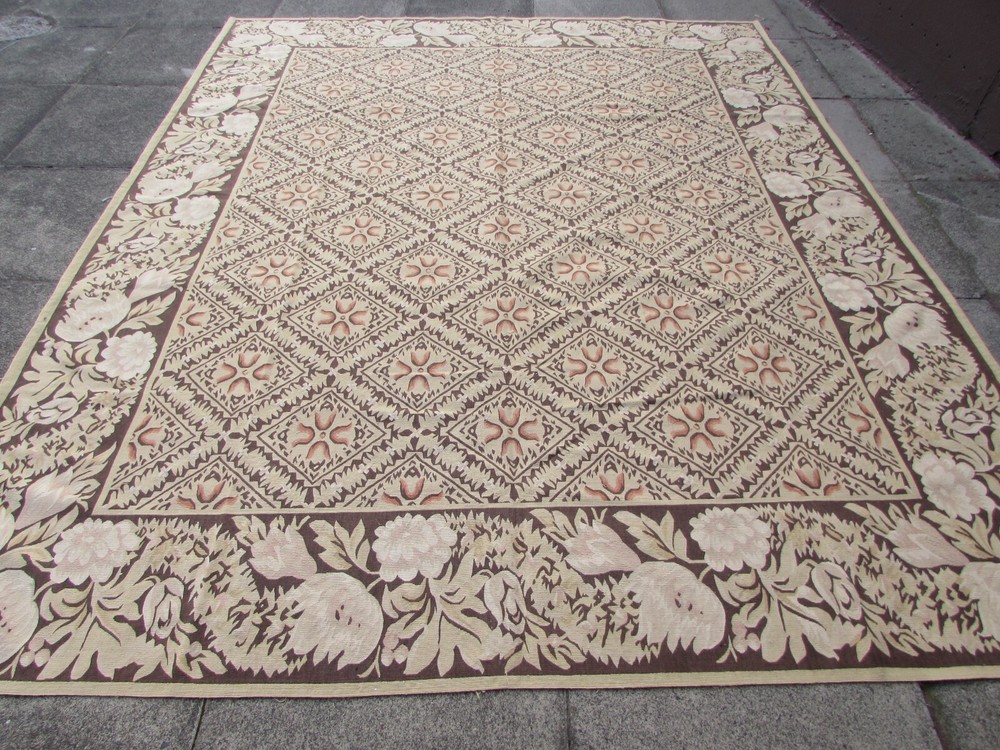 Vintage Hand Made French Design Wool Beige Black Original Aubusson 300X243cm